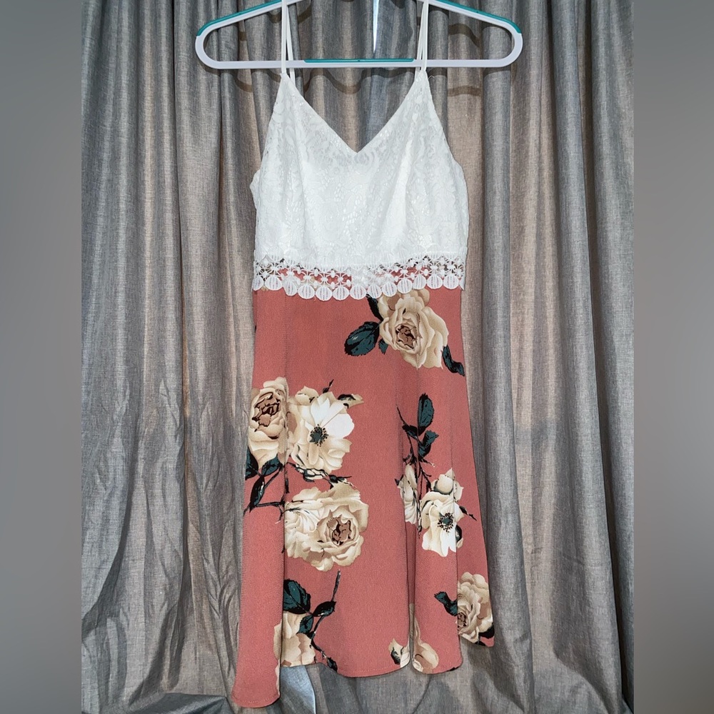 Shein, size medium, white and pink dress with flowers, some lace.